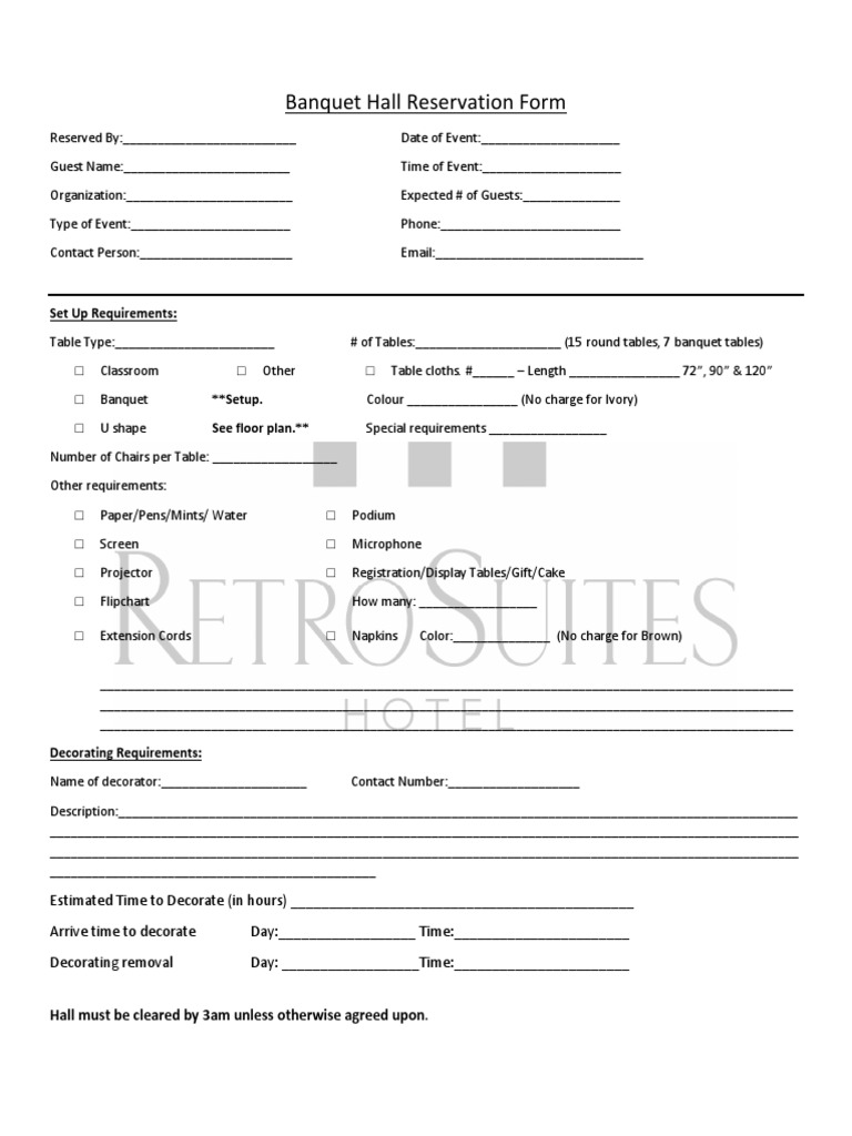 Banquet Hall Reservation & Catering Form | PDF | Lunch | European Cuisine