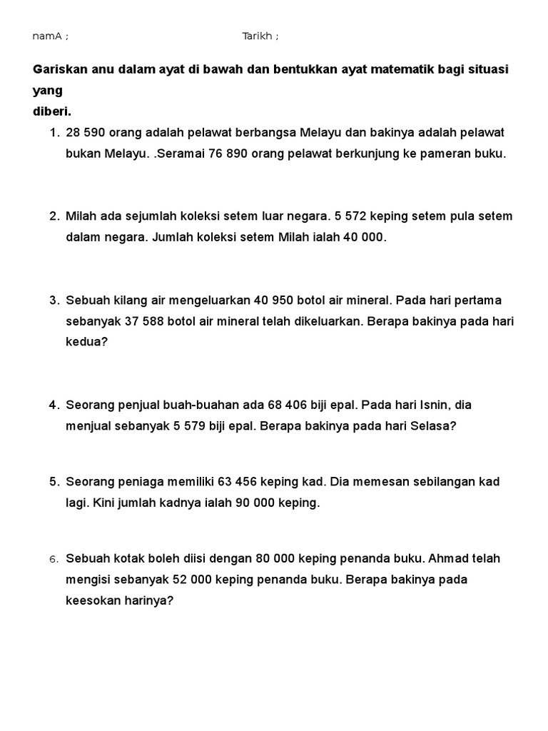 Gariskan Anu Dalam Ayat Di Bawah Dan Bentukkan Ayat Matematik Bagi Situasi Yang Pdf