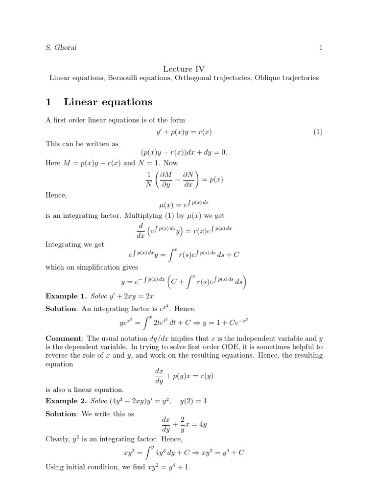 Lecture 4 Linear Equations, Orthogonal Trajectories PDF Ordinary