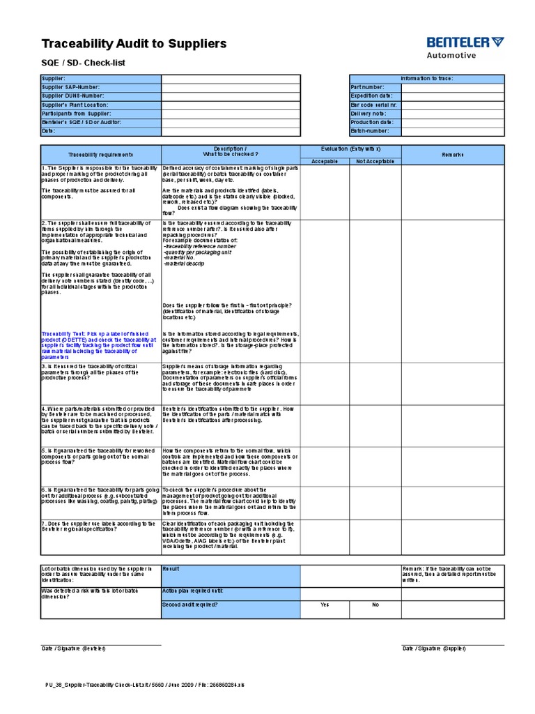Traceability Audit to Suppliers SQE / SDChecklist