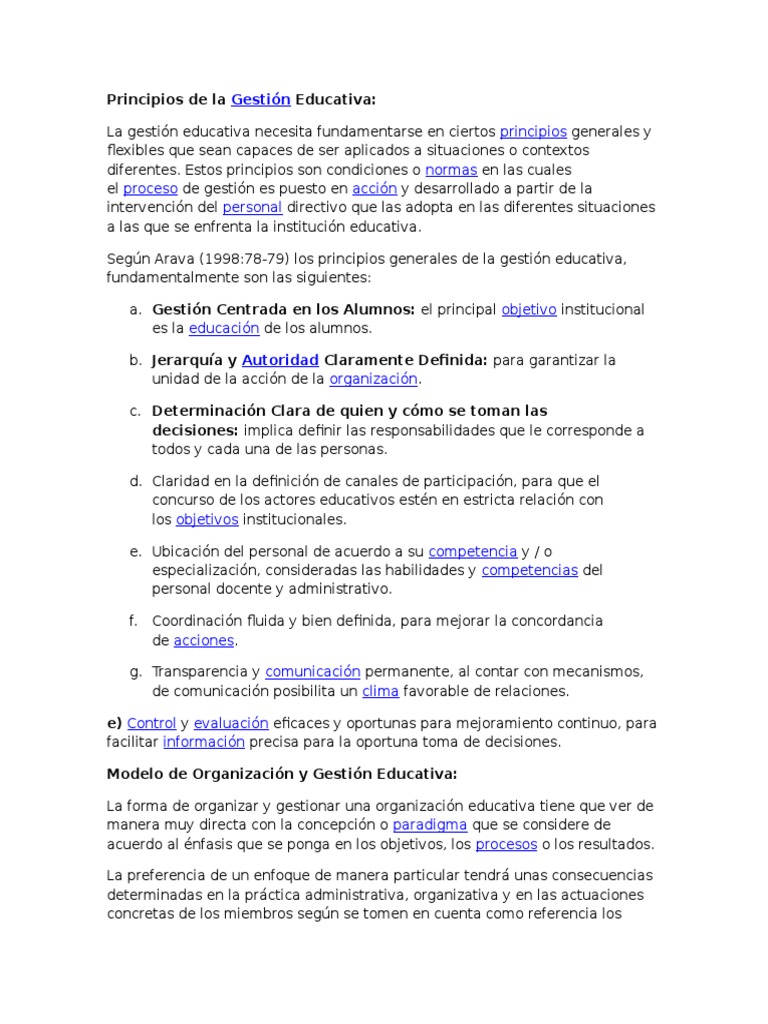 Principios de Gestión Educativa | PDF | Toma de decisiones | Evaluación