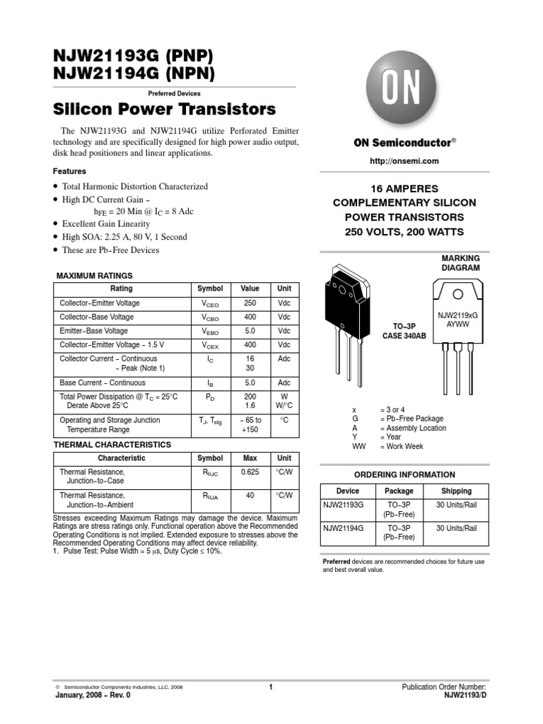 NJW21193G (PNP) NJW21194G (NPN) Silicon Power Transistors PDF