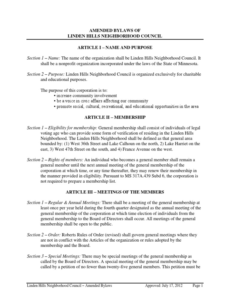 Linden Hills Bylaws PDF Board Of Directors Committee