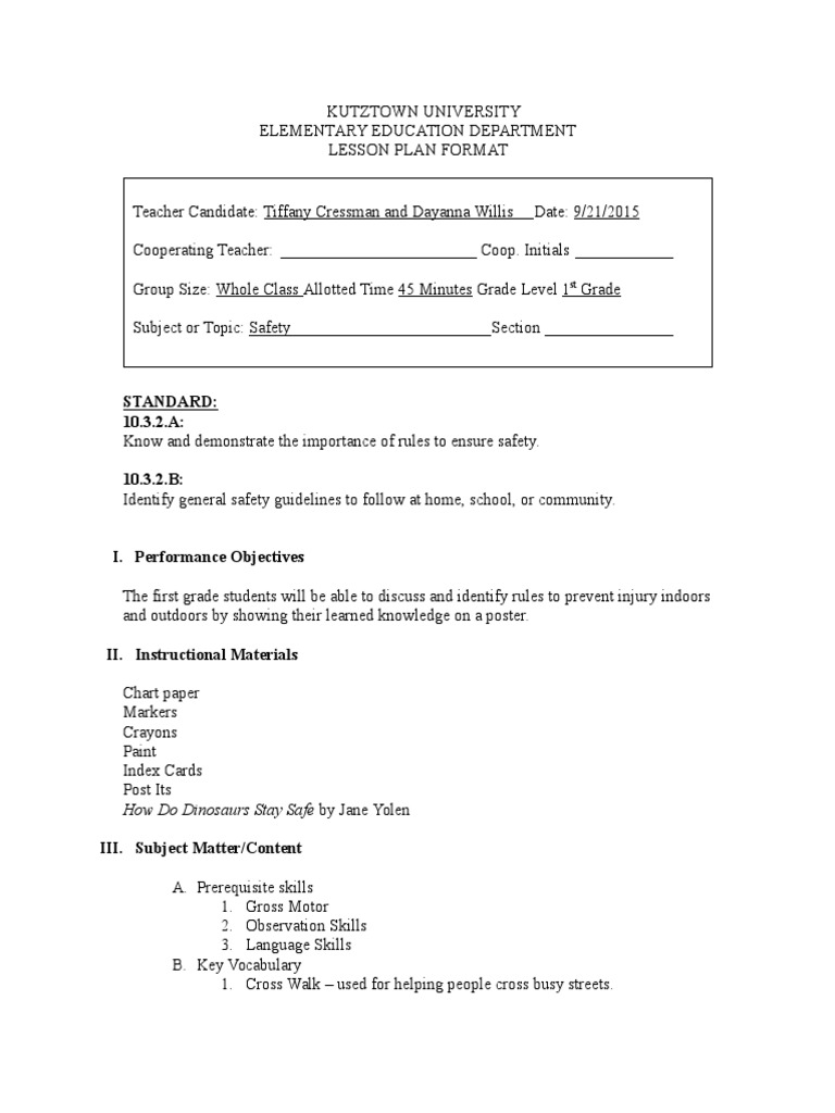safety lesson plan Pedagogy Learning