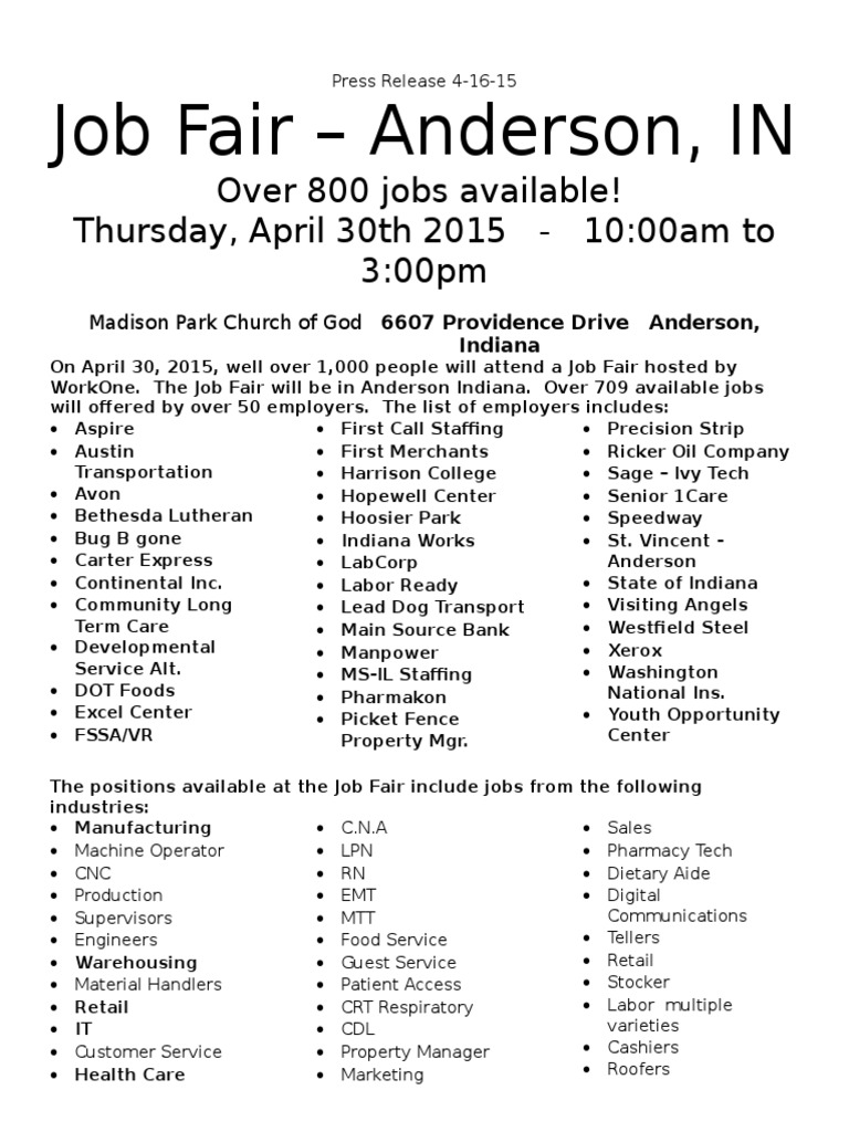 Job Fair in Anderson, IN - 800+ Jobs Available | PDF