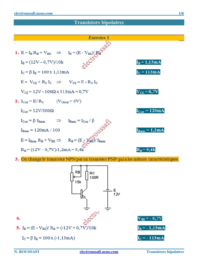 Transistors Bipolaires Exercice 1 PDF