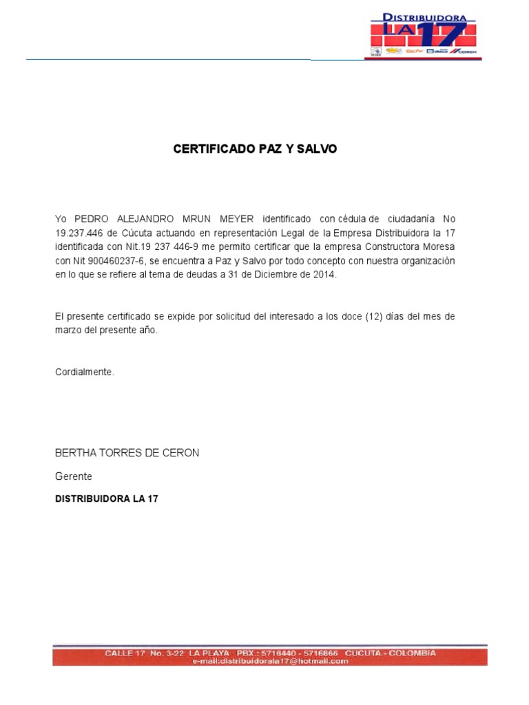 Certificado de Paz y Salvo 2014 | PDF