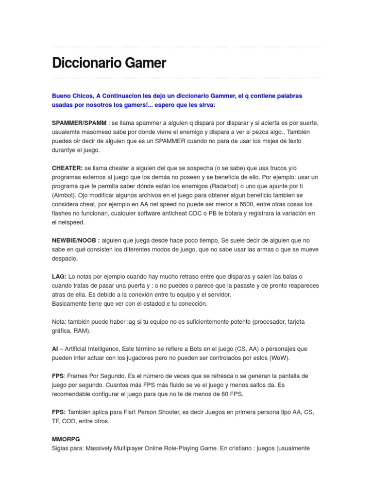 Diccionario Gamer | PDF | Diseño de videojuegos | Arte de computadora