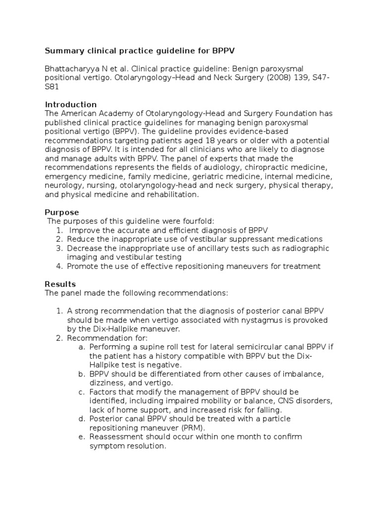 Benign Paroxysmal Positional Vertigo Guidelines Guidelines Summary