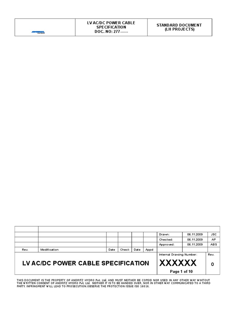LV Power Cable Specification - 06.11.2009 | PDF | Electrical Wiring | Cable