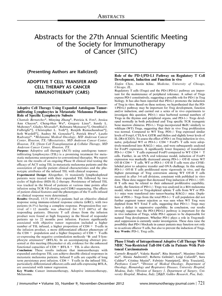 Abstracts For The 27th Annual Scientific Meeting of The Society For Immunotherapy of Cancer
