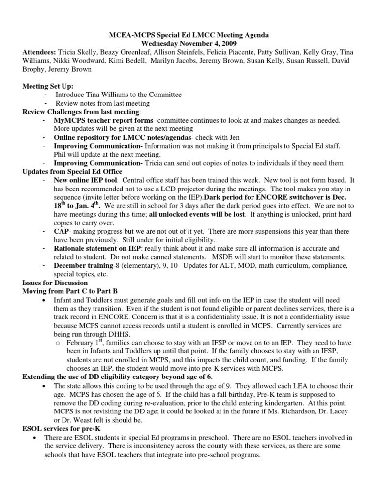 MCEA-MCPS Special Ed LMCC Meeting Agenda Wednesday | PDF ...