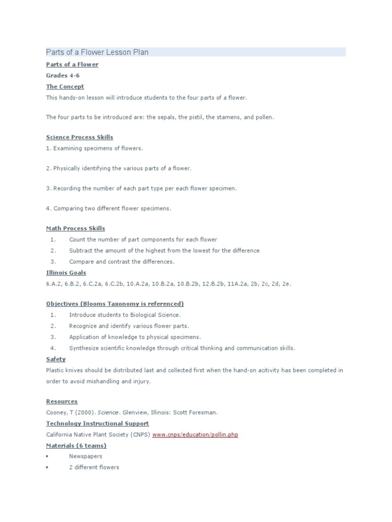 Parts of a Flower Lesson Plan Petal Flowers