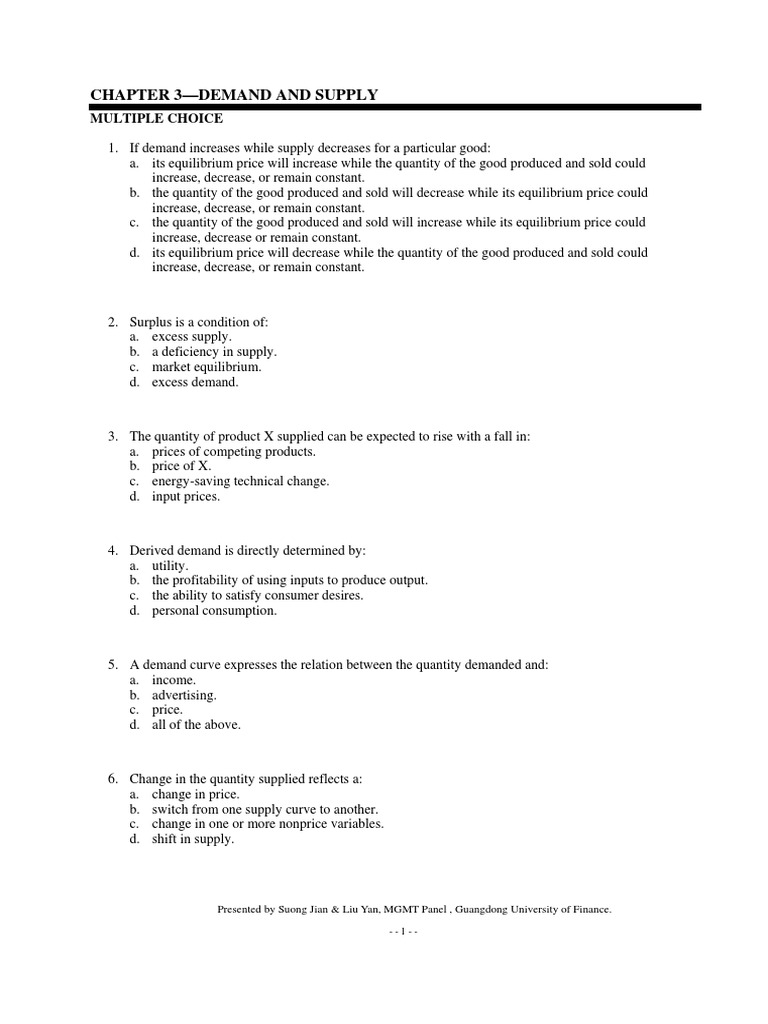 Demand and Supply Exam Questions | PDF | Supply (Economics) | Economic ...