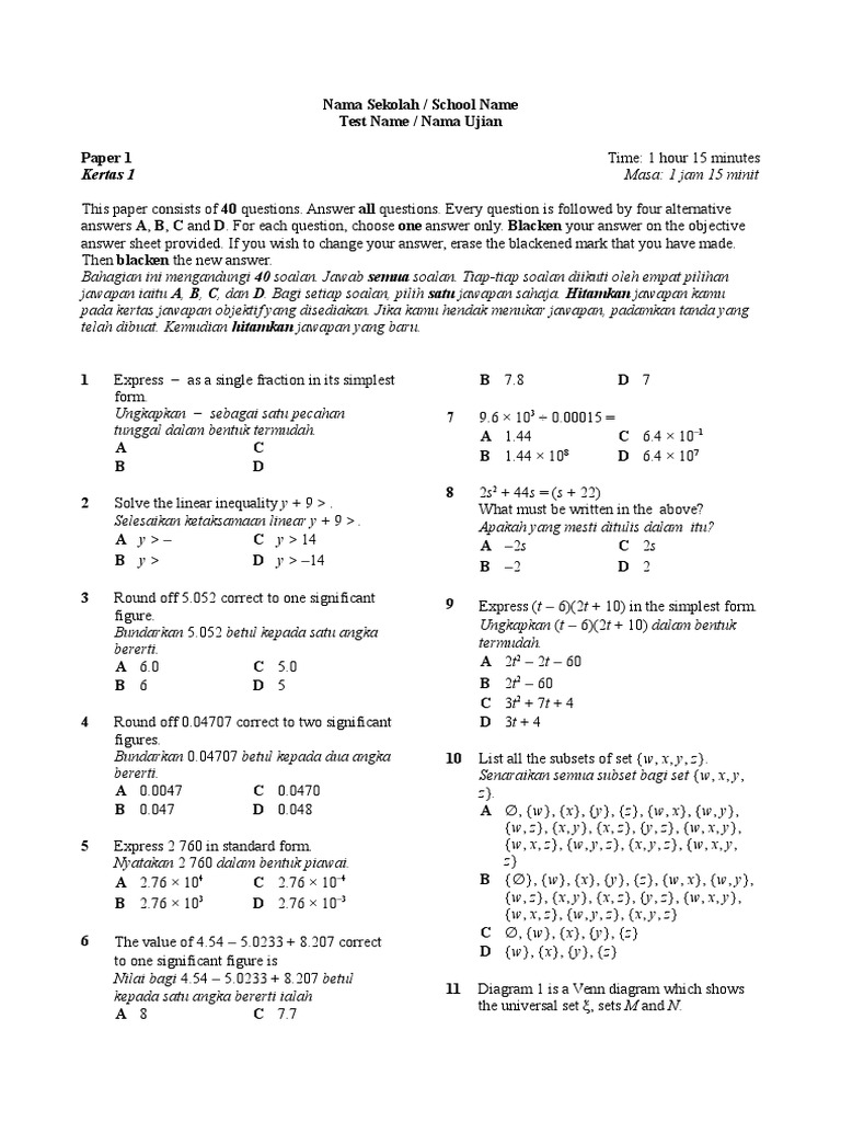 Contoh Soalan Matematik Tingkatan 4 Kertas 1 Pertengahan 