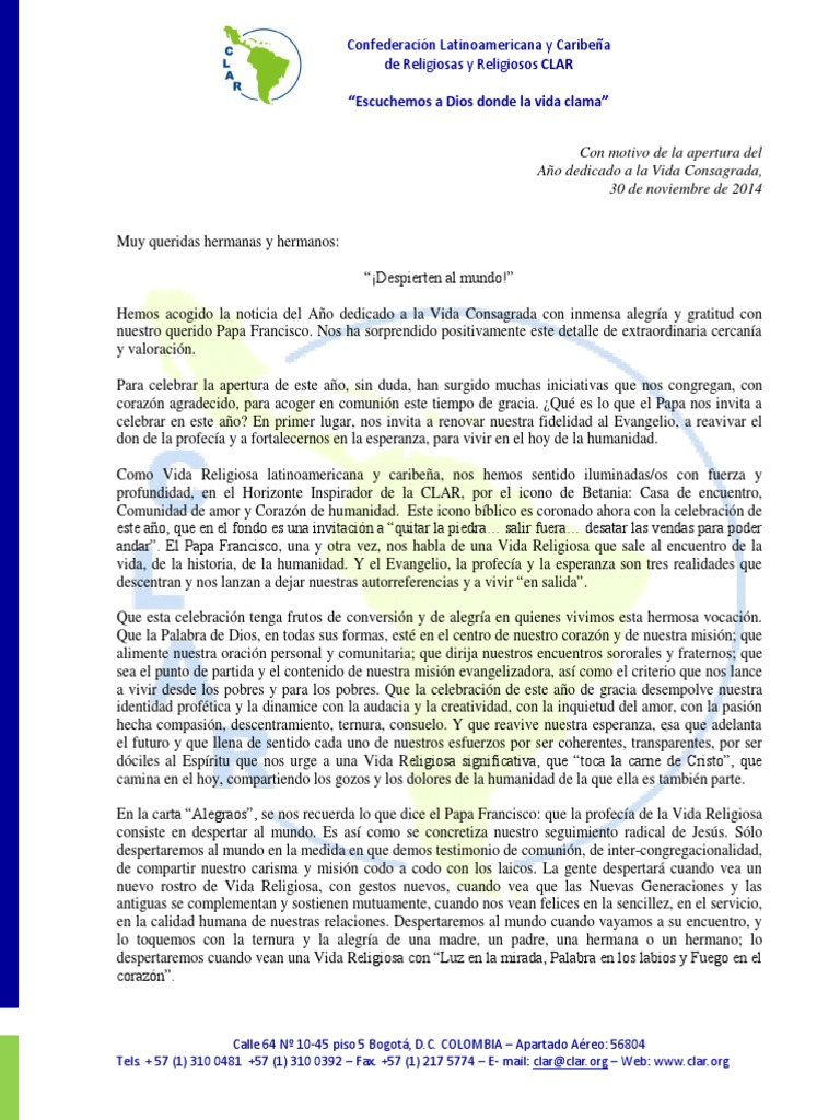 Carta de La Vida Consagrada PDF Papa Francisco eucaristía