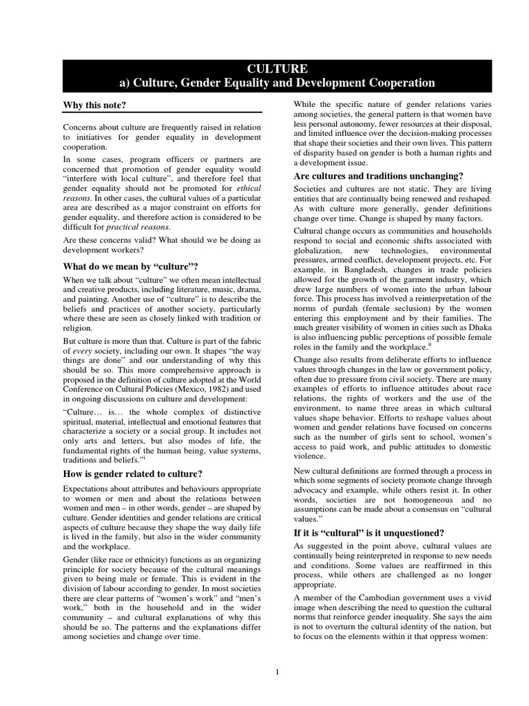CUL TURE A) Culture, Gender Equality and Development Cooperation | PDF ...