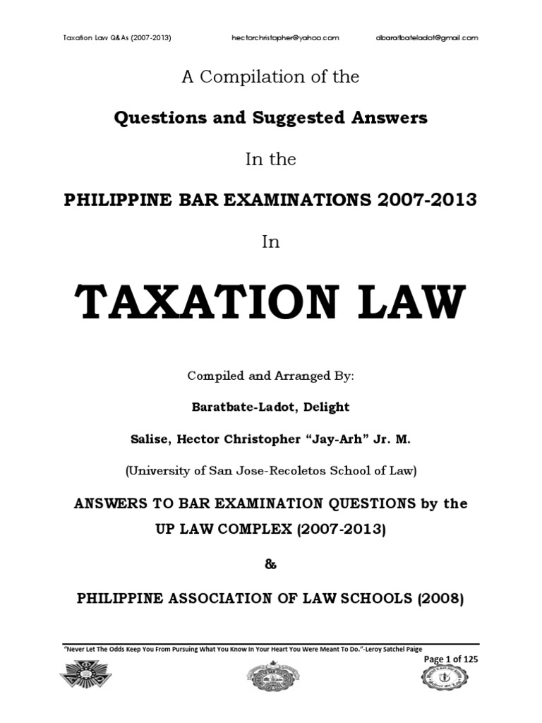 2007-2013 Taxation Law Philippine Bar Examination Questions and Suggested  Answers (JayArhSals&Ladot) | PDF | Tax Deduction | Tax Refund