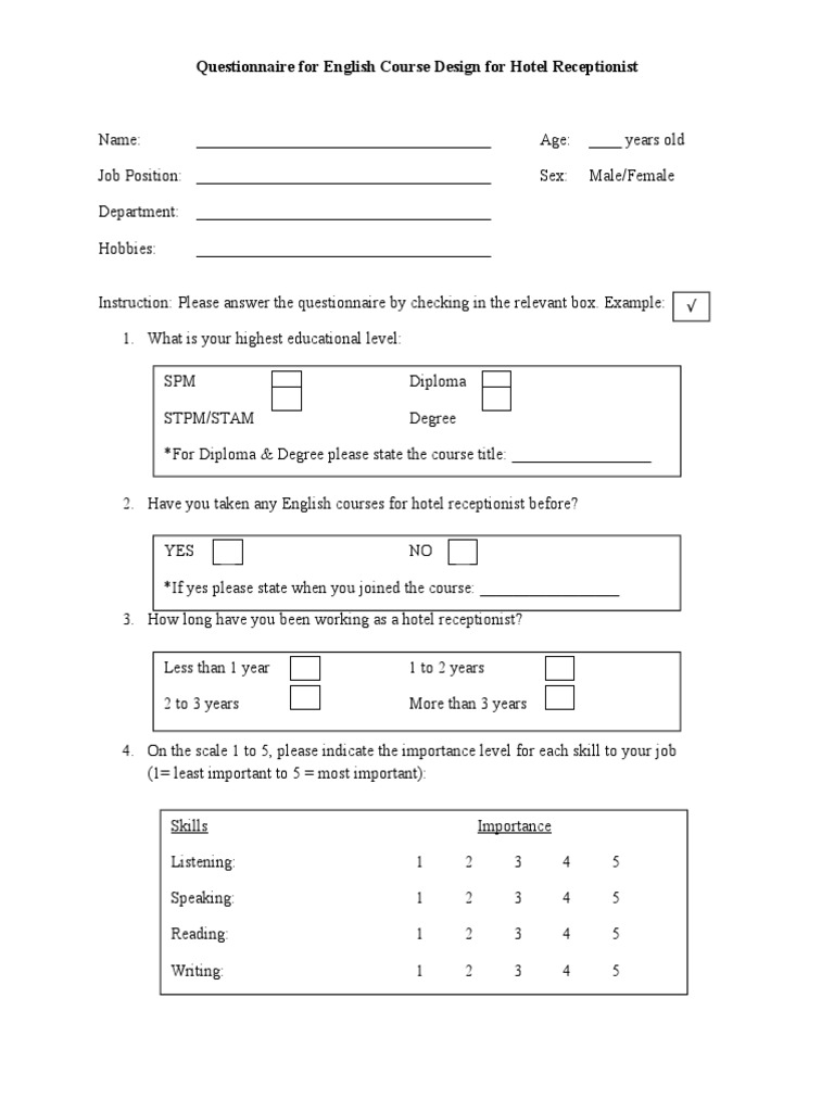 Questionnaire For English Course Design For Hotel Receptionist PDF
