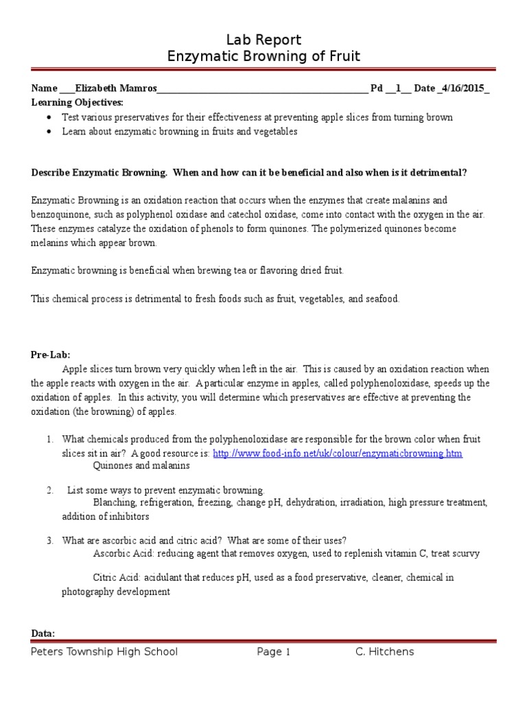 lab report template enzymatic browning of fruit Food And Drink Food & Wine