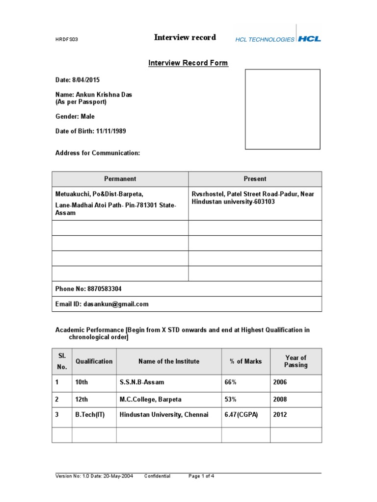 HCL Technologies Interview Record Form | PDF | Identity Document ...