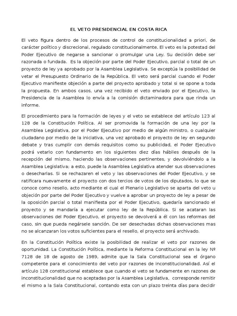 Veto Presidencial en Costa Rica | PDF | Veto | Constitución