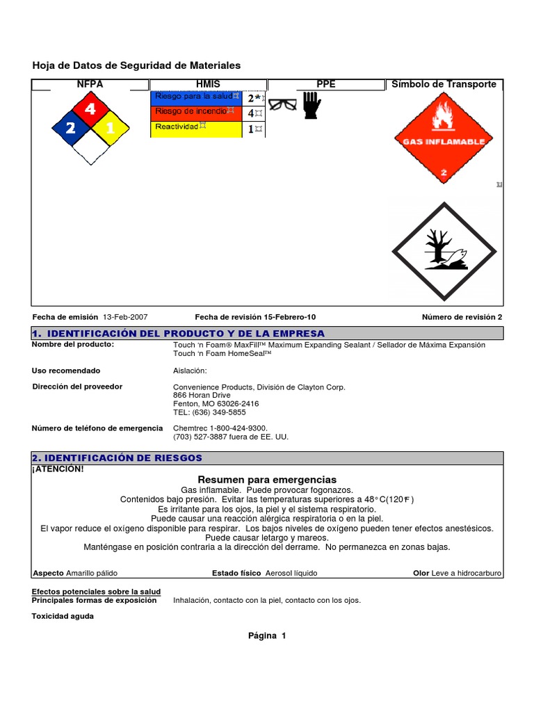 Msds Selladro de ExpansionEspuma de Poliuretano PDF Asma Alergia
