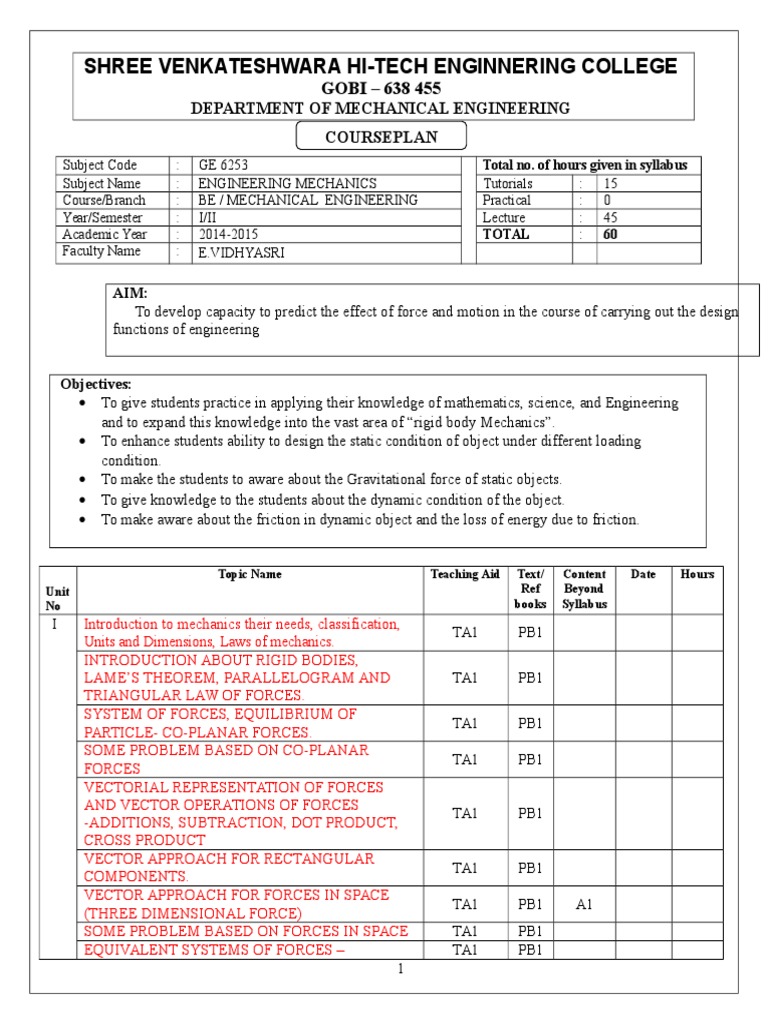 Engineering Mechanics Lesson Plan | PDF | Force | Kinematics