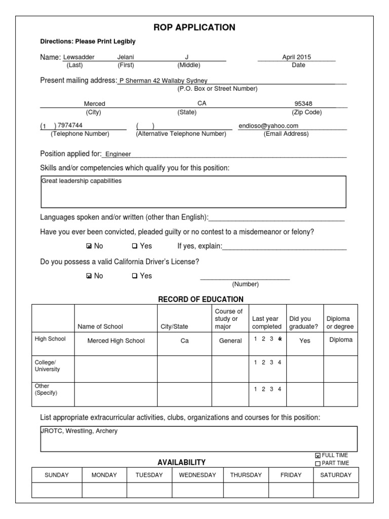 ROP Application Form Template | PDF