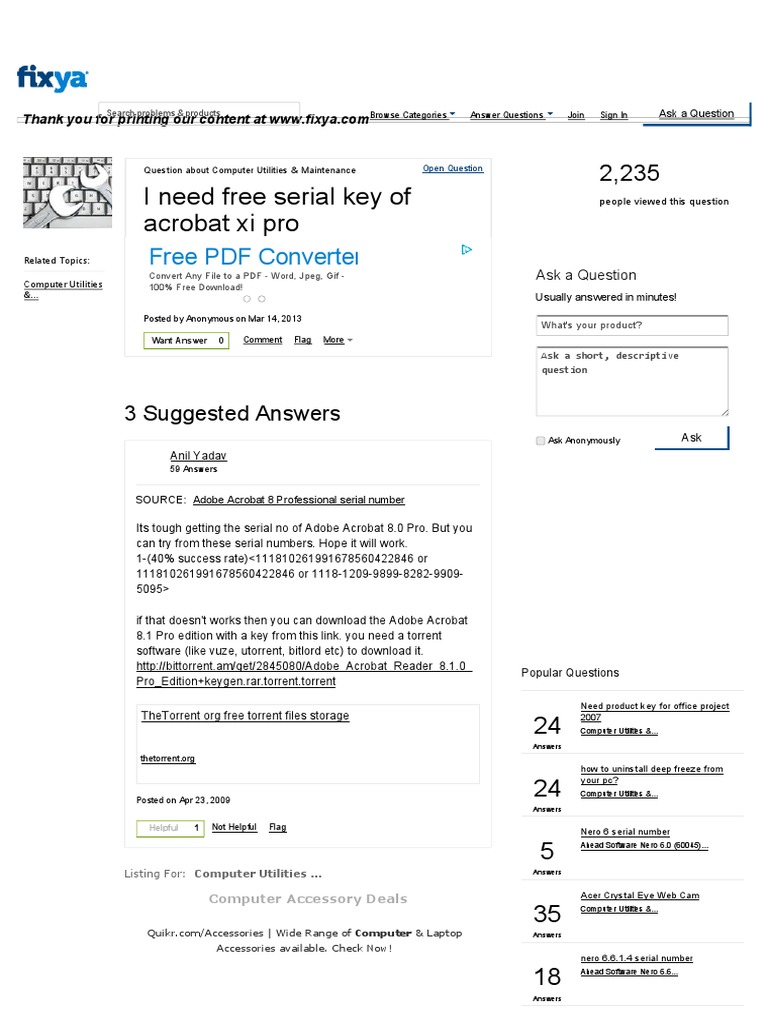 I Need Free Serial Key of Acrobat Xi Pro - Fixya | PDF | Computing