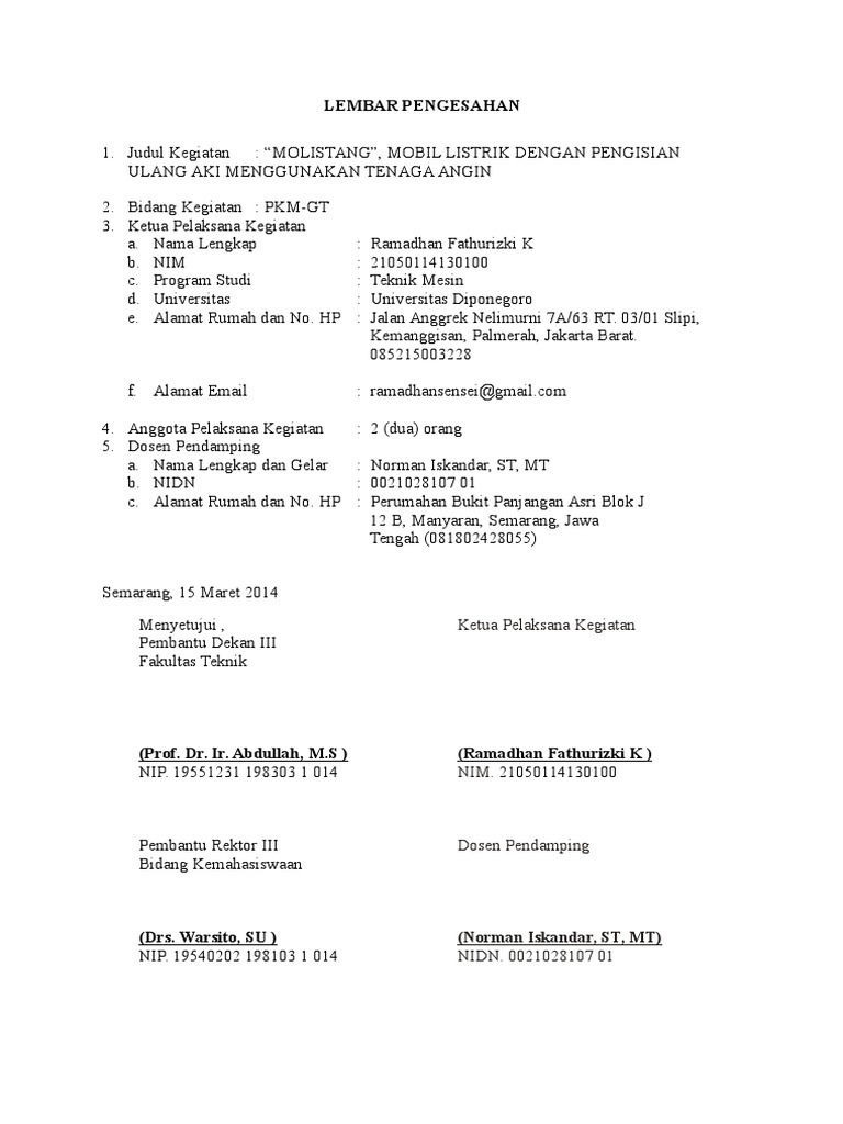 Lembar Pengesahan PKM | PDF | Teknologi & Rekayasa