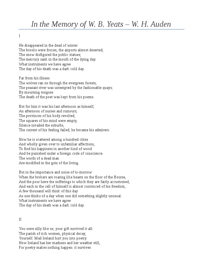 In the Memory of W. B. Yeats W. B. Yeats Poetry