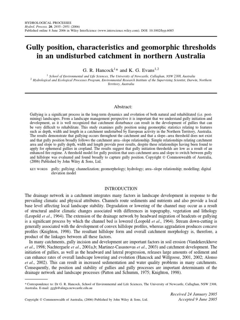 Gully Position, Characteristics and Geomorphic Thresholds Hancock