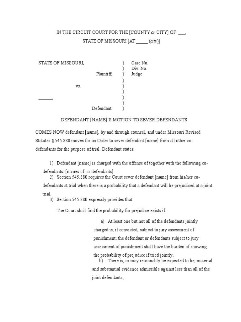 Motion to Sever Defendants Prejudice (Legal Term) Criminal