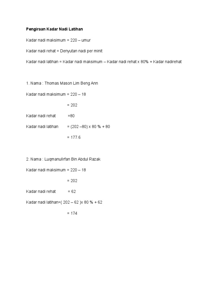 Pengiraan Kadar Nadi Latihan Pdf