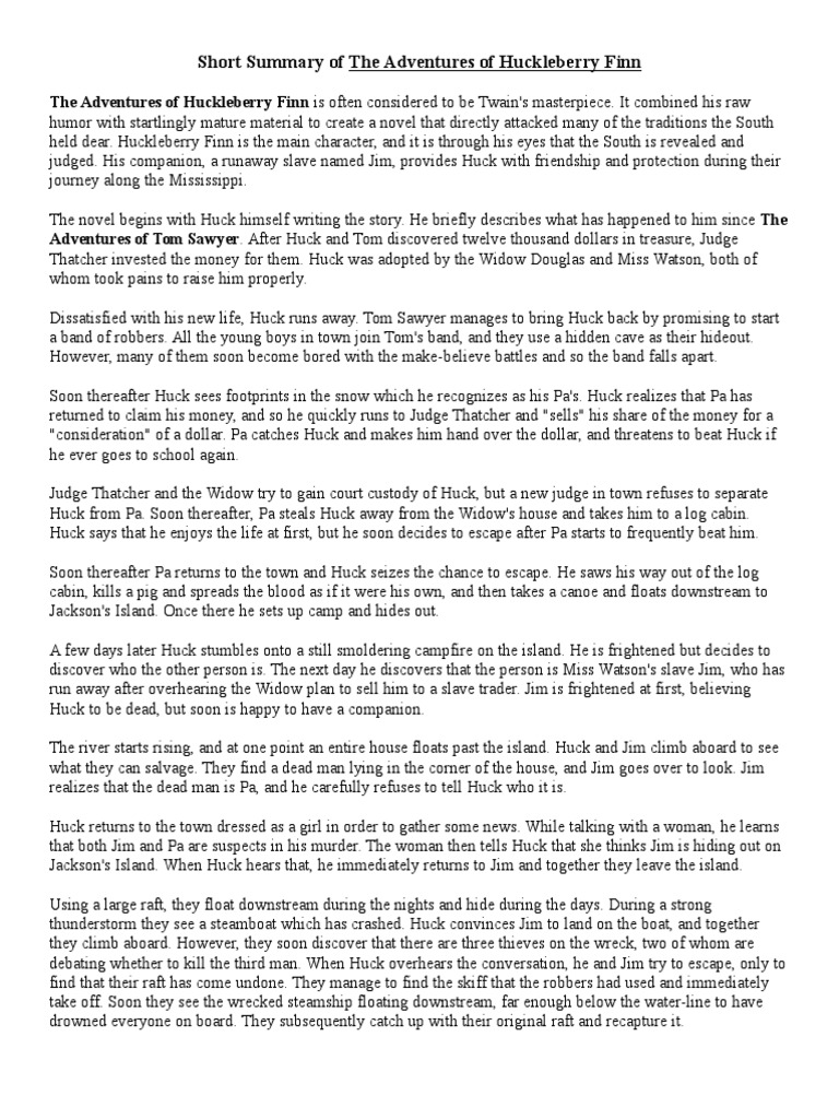 Short Summary of the Adventures of Huckleberry Finn Adventures Of