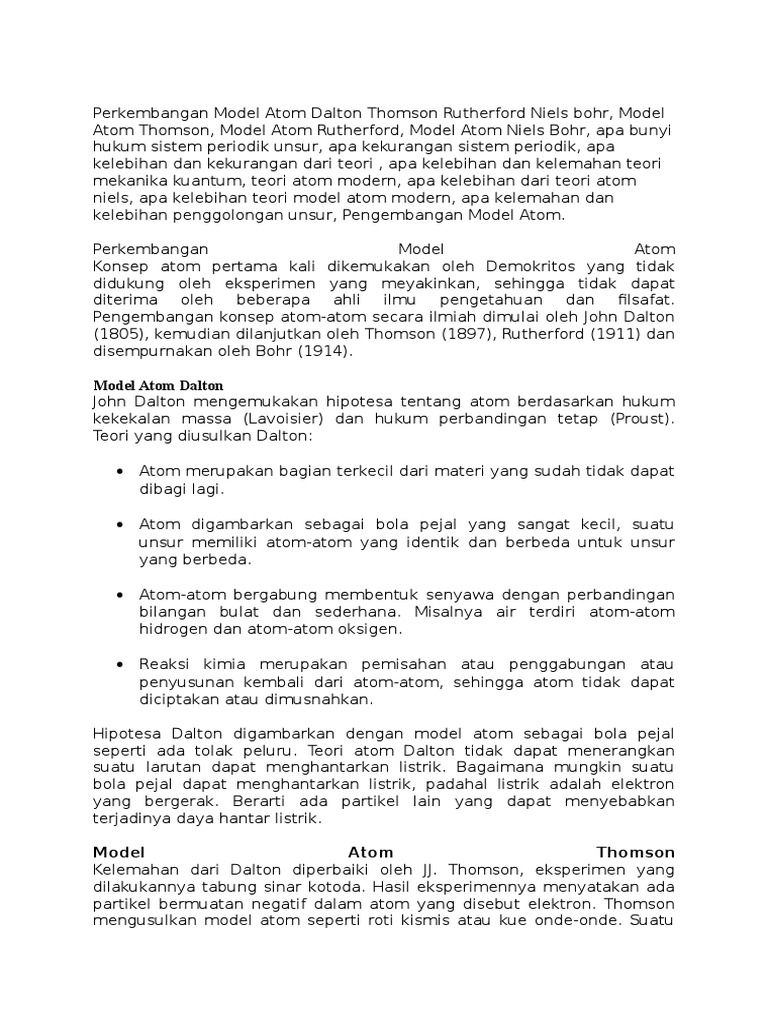Perkembangan Model Atom Dalton Thomson Rutherford Niels Bohr Pdf