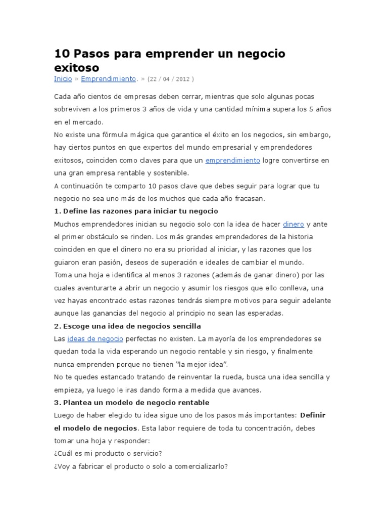 10 Pasos para Emprender Un Negocio Exitoso | PDF | Mercado (economía ...