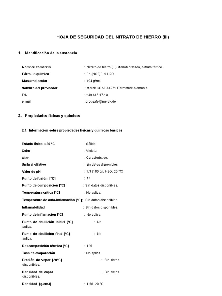 Guía de seguridad para el nitrato de hierro (III) PDF Primeros auxilios Solubilidad