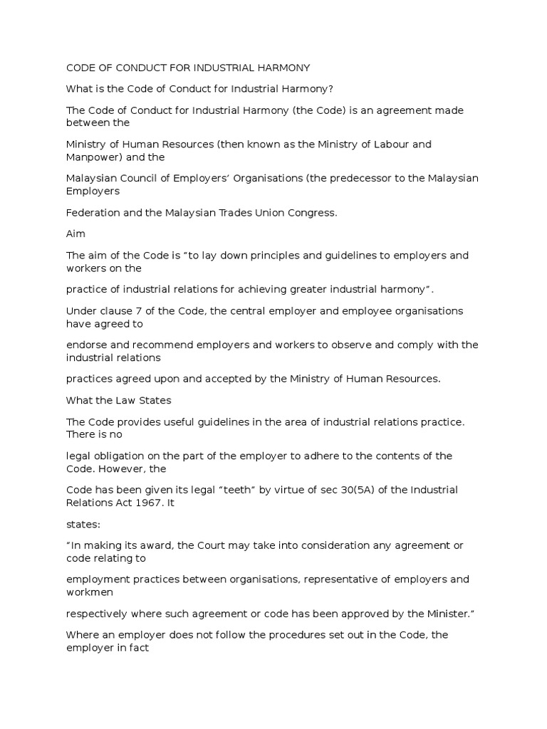 code of conduct for industrial harmony