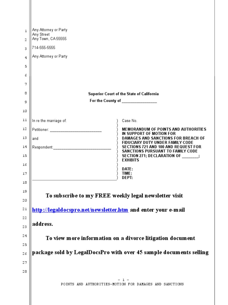 Sample Motion For Family Code Section 271 Sanctions in California | PDF ...