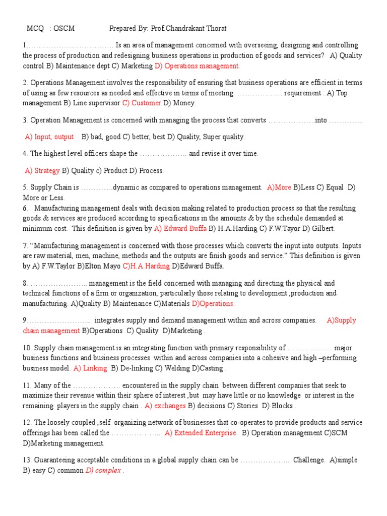 Operation S and Supply Chain Management MCQ PDF Supply Chain Management Operations Management