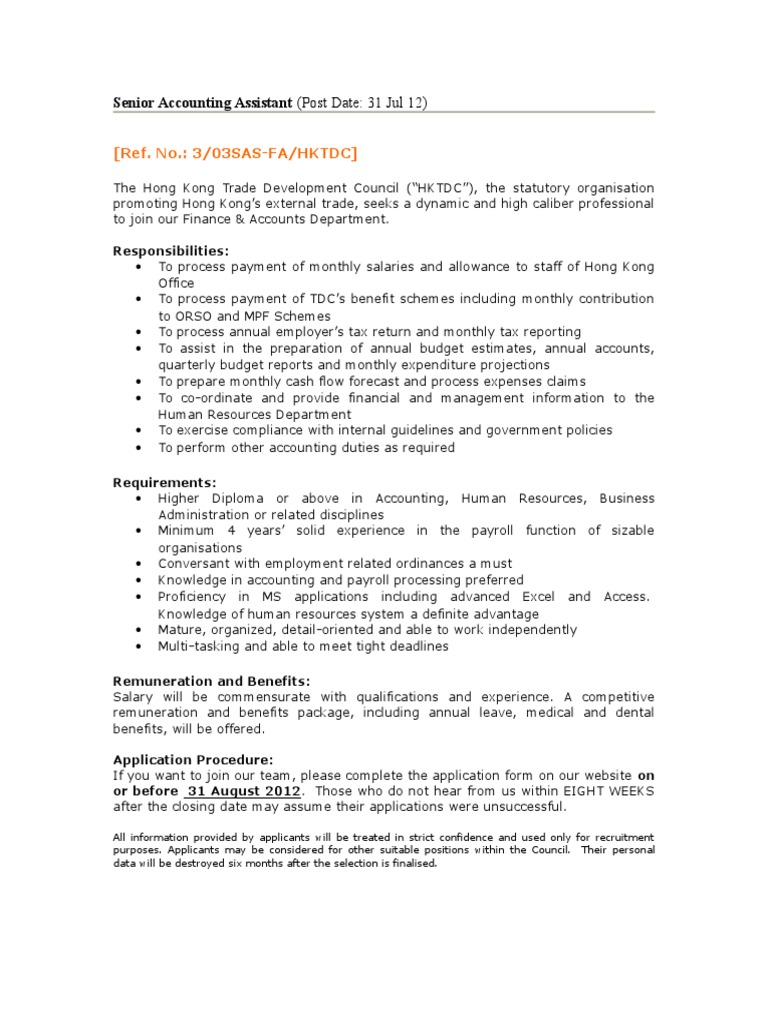 Senior Accounting Assistant Role at HKTDC | PDF