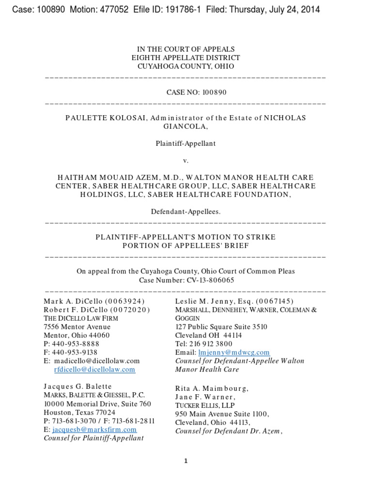 CA 100890 Appellant's Motion To Strike | PDF | Brief (Law) | Appeal