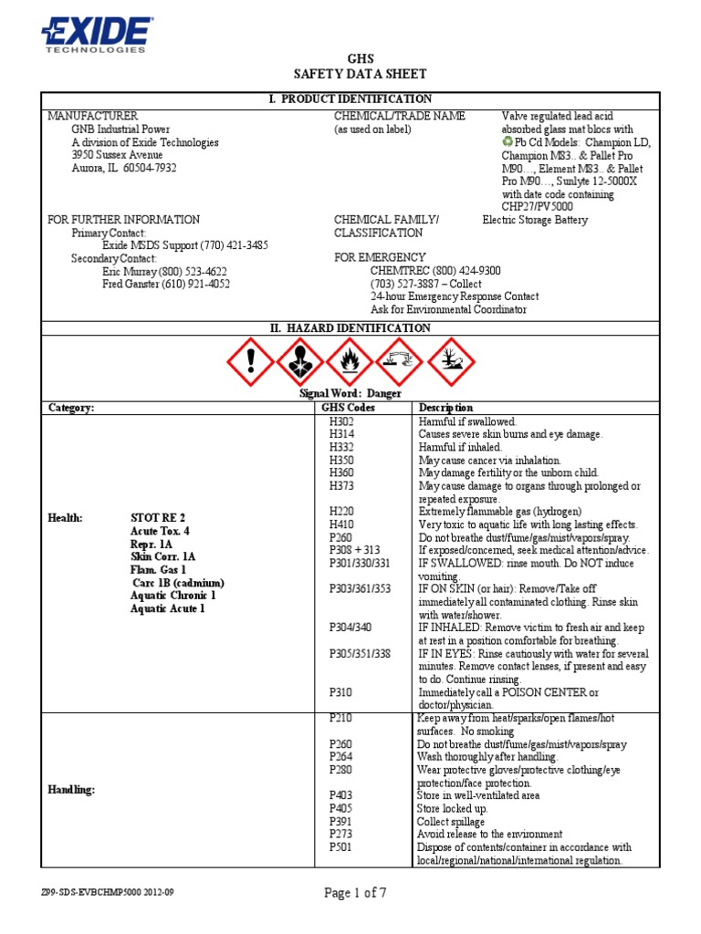 Z99 SDS EVBCHMP5000 2012 09 Safety Datasheet PDF Sulfur Hazardous