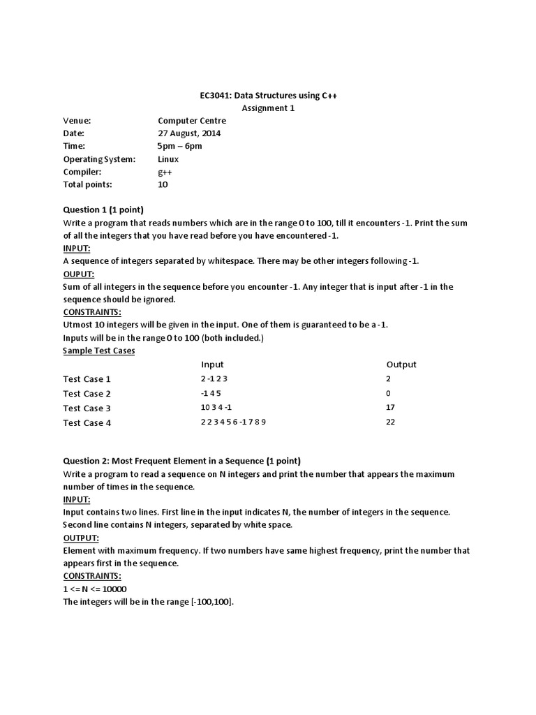EC3041: Data Structures Using C++: Input Output Test Case 1 Test Case 2 ...