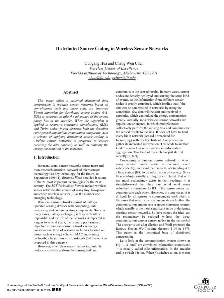 Distributed Source Coding in Wireless Sensor Networks | PDF | Forward ...