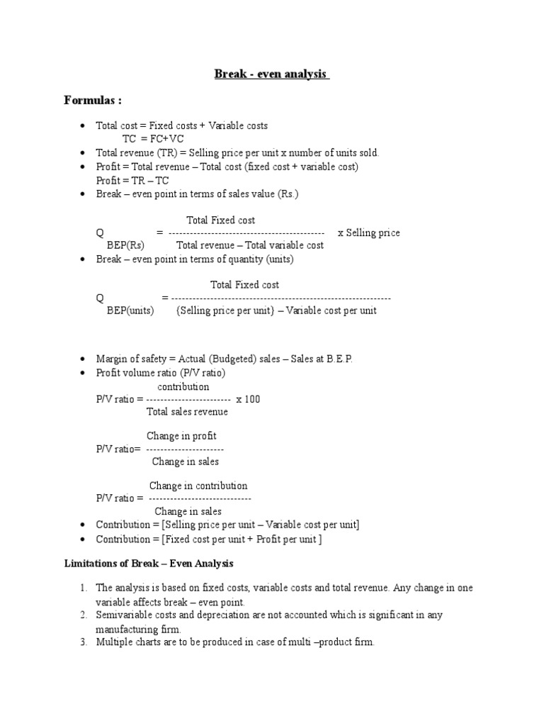 Break-Even Analysis and Formulas | PDF | Business Economics | Business