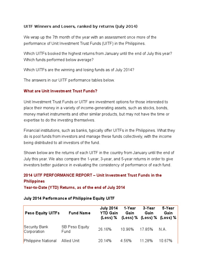 Uitf Winners And Losers Bdo Unibank Investment Trust