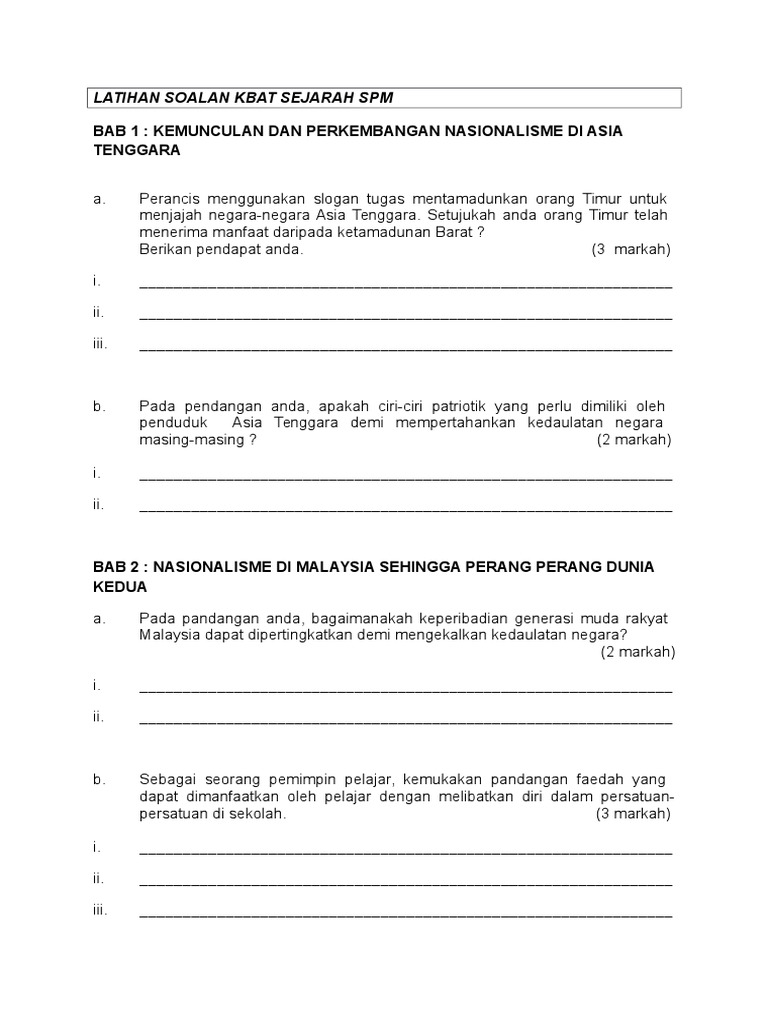 Latihan Soalan Kbat Sejarah Spm Pdf